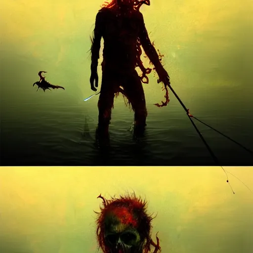 Image similar to UHD photorealistic Cosmic Zombie fishing in a radioactive lake of fire, in the style of tonalism by Greg Rutkowski, trending on Artstation, hyperrealistic, correct details, accurate face