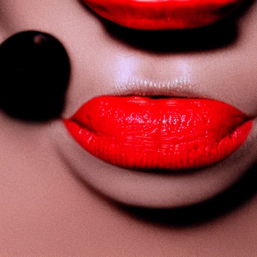 Prompt: a close up of a woman's mouth, with red lips. smoke is coming from their mouth. cinestill 8 0 0 t