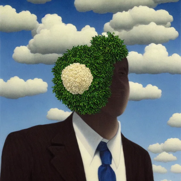 Prompt: portrait of a faceless beautiful flower - head man in a suit, clouds in the background, by rene magritte, detailed painting, distance, centered, hd, hq, high resolution, high detail, 4 k, 8 k