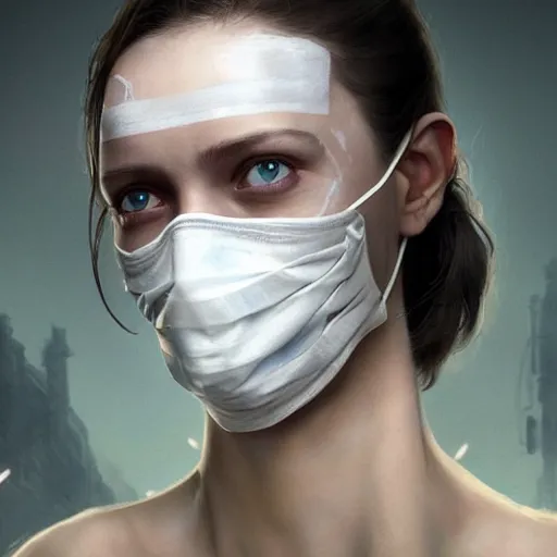 Prompt: epic portrait an female nurse with short sleeves and a mask holding a syringe, sweaty skin, hyperrealistic, expressive, emotional, moody, contre jour, octane render, cinematic, beautiful face and flawless skin, perfect hands, 5 fingers, by Edgar Maxence and Ross Tran and Michael Whelan, Legends of Runeterra