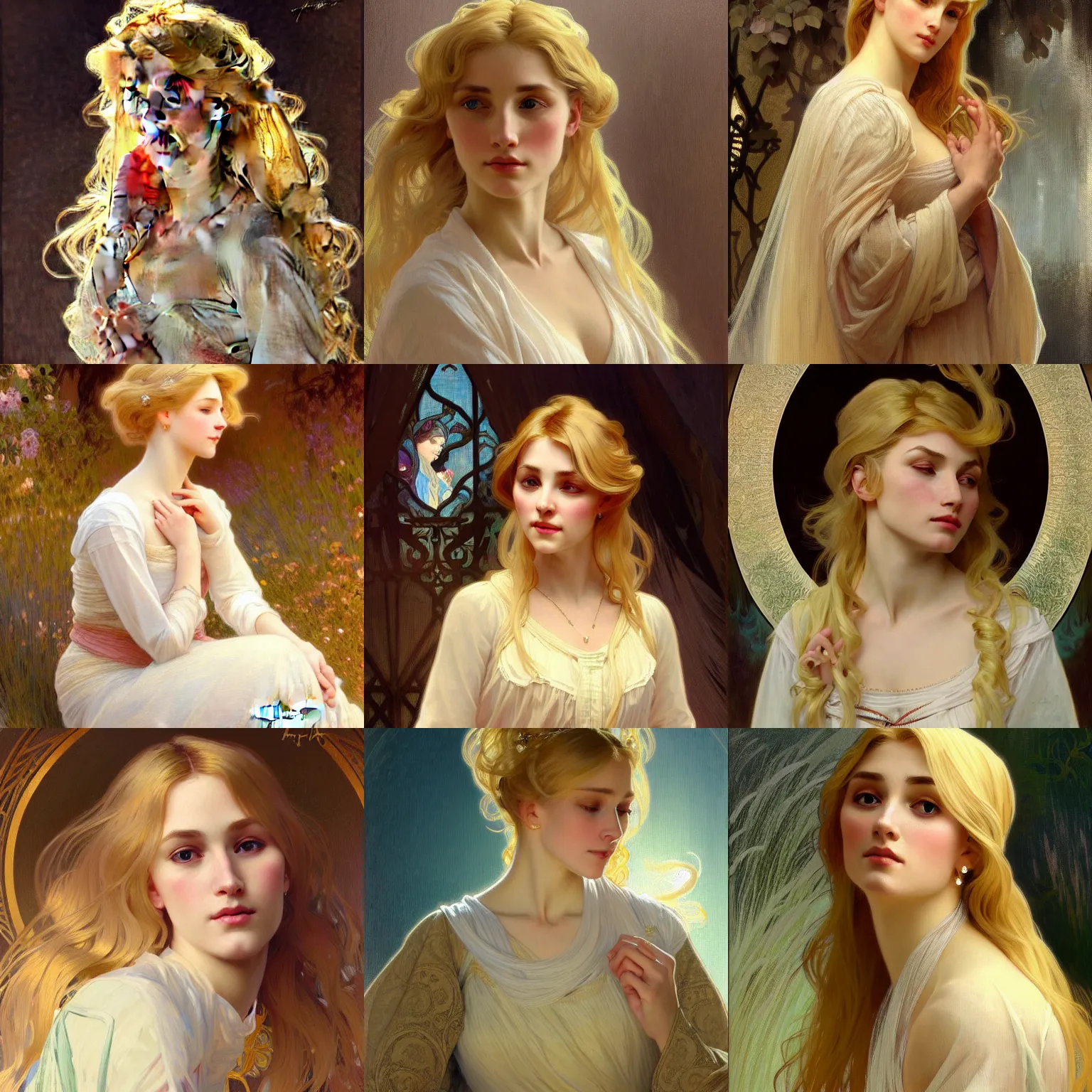 Image similar to painted portrait of a modest wife blessed by god with ever - increasing intelligence beauty and virtue. blonde, clothed holy body, light effect. feminine, powerful, in clothes! intricate, elegant, highly detailed, digital painting, artstation, concept art, smooth, sharp focus, illustration, art by gaston bussiere and alphonse mucha