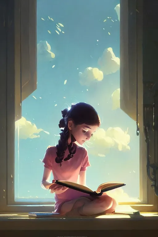 Image similar to highly detailed portrait of beautiful girl reading a book in toy story, dynamic pose, stephen bliss, unreal engine, fantasy art by greg rutkowski, loish, rhads, ferdinand knab, makoto shinkai and lois van baarle, ilya kuvshinov, rossdraws, tom bagshaw, global illumination, radiant light, detailed and intricate environment