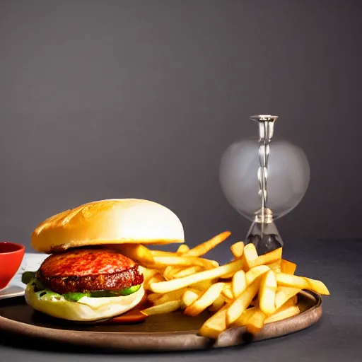 Prompt: michelin star hamburger and fries dish, food photography, studio lighting