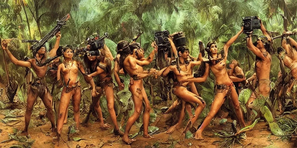 Prompt: battle in jungle, brutal Indians fight, epic camera perspective, old camera, blood, slight inspiration of Boris vallejo and apocalypto, war photography