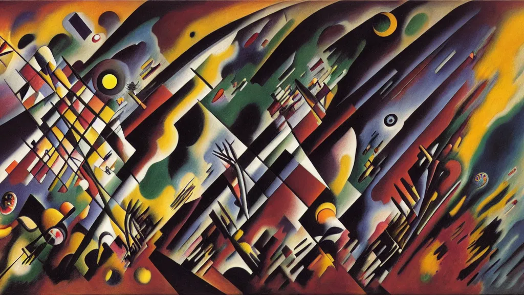 Prompt: Desperate clash of reality and surrealist absurd nightmare realm, abstract nightmare by Vasily Kandinsky, Thomas Bacon, and H.R. Giger, trending on ArtStation