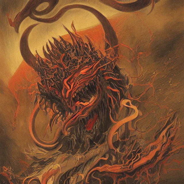 Image similar to a painting of a japanese demon by johfra bosschart, dark fantasy art, high detail, trending on artstation