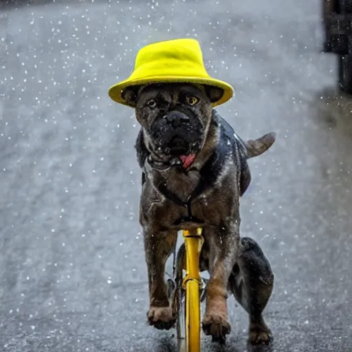 Image similar to a dog with a yellow hat riding a bike while raining