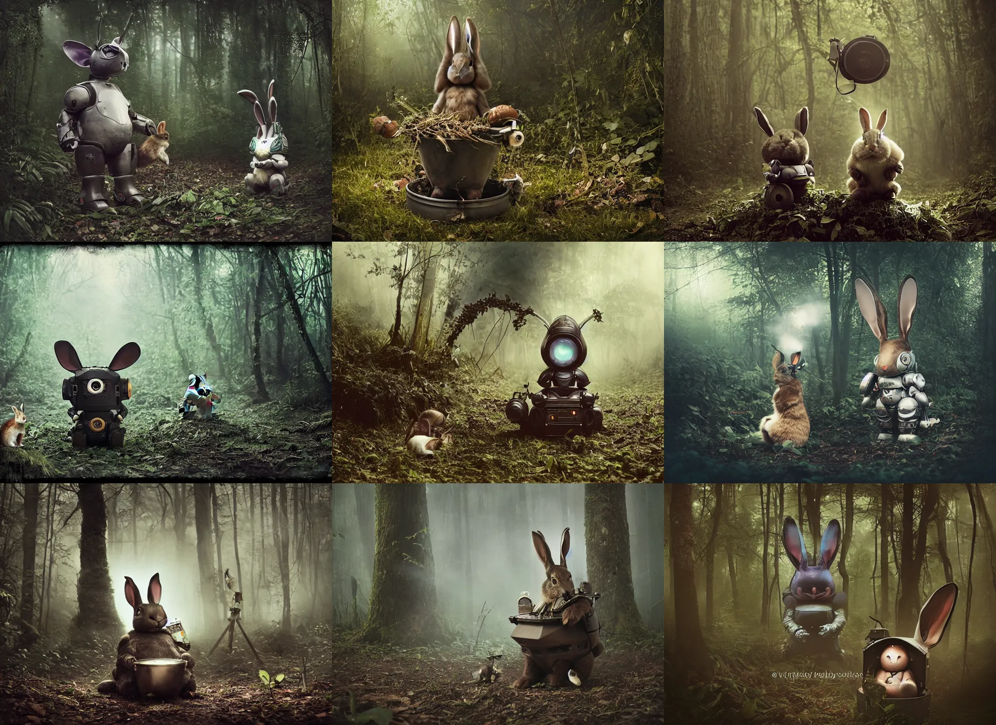 Prompt: dark night oversized battle rabbit robot chubby fatmech trailer bucket bowl with big ears with rabbit sitting inside, in jungle forest, full body, nighttime, cinematic focus, polaroid photo, vintage, neutral dull colors, soft lights, foggy, overcast by oleg oprisco, by thomas peschak, by discovery channel, by victor enrich, by gregory crewdson