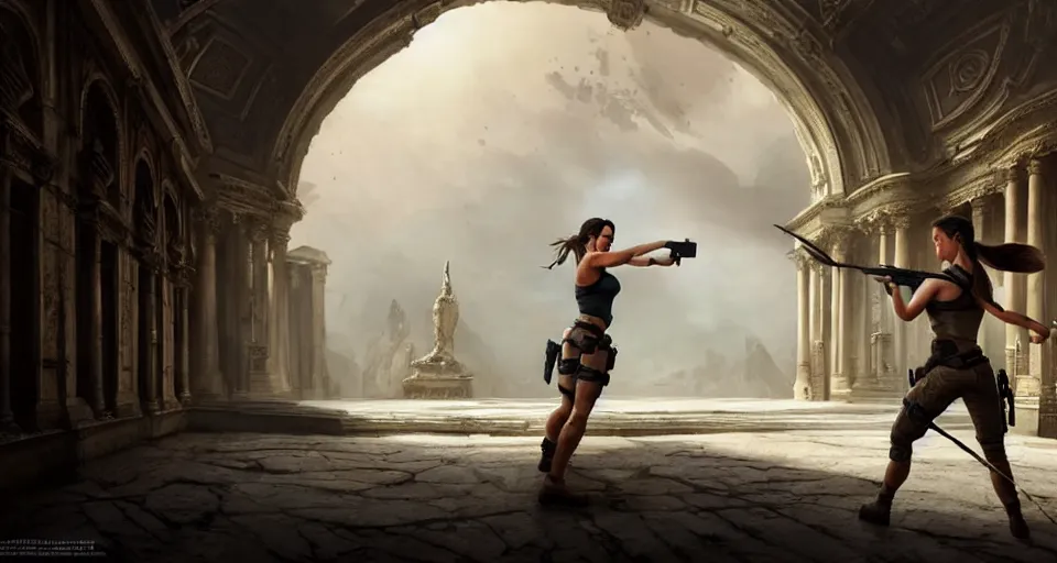 Prompt: lara croft exploring an italian opera house as she tries to hide from numerous musclebound male goons patrolling the area, by wlop, greg rutkowski and peter mohrbacher, extremely detailed shading, concept art, digital painting, trending on artstation, unreal engine 5, octane render, atmosphere, lens flare, glow, cinematic lighting, full of color