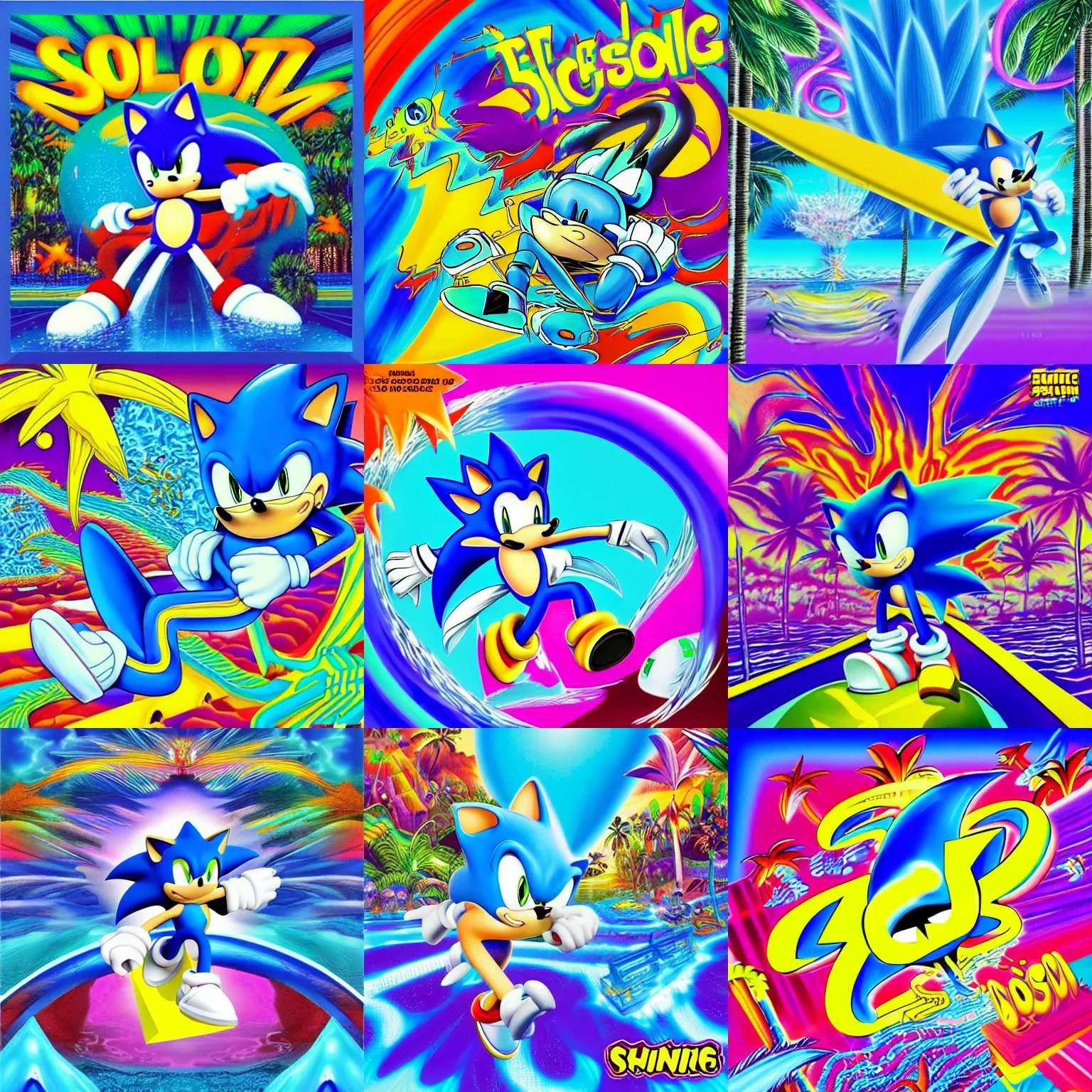 Prompt: surreal, sonic, sharp, detailed professional, high quality airbrush art MGMT album cover of a liquid dissolving LSD DMT blue sonic the hedgehog surfing through cyberspace, tropical ocean, purple checkerboard background, 1980s 1985 arcade video game album cover