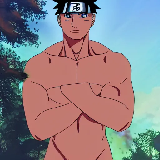 Prompt: buff naruto shirtless on hill pink light