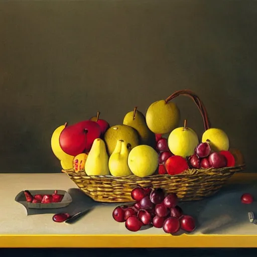 Prompt: a fruit basket on top of a kitchen table, Bansky