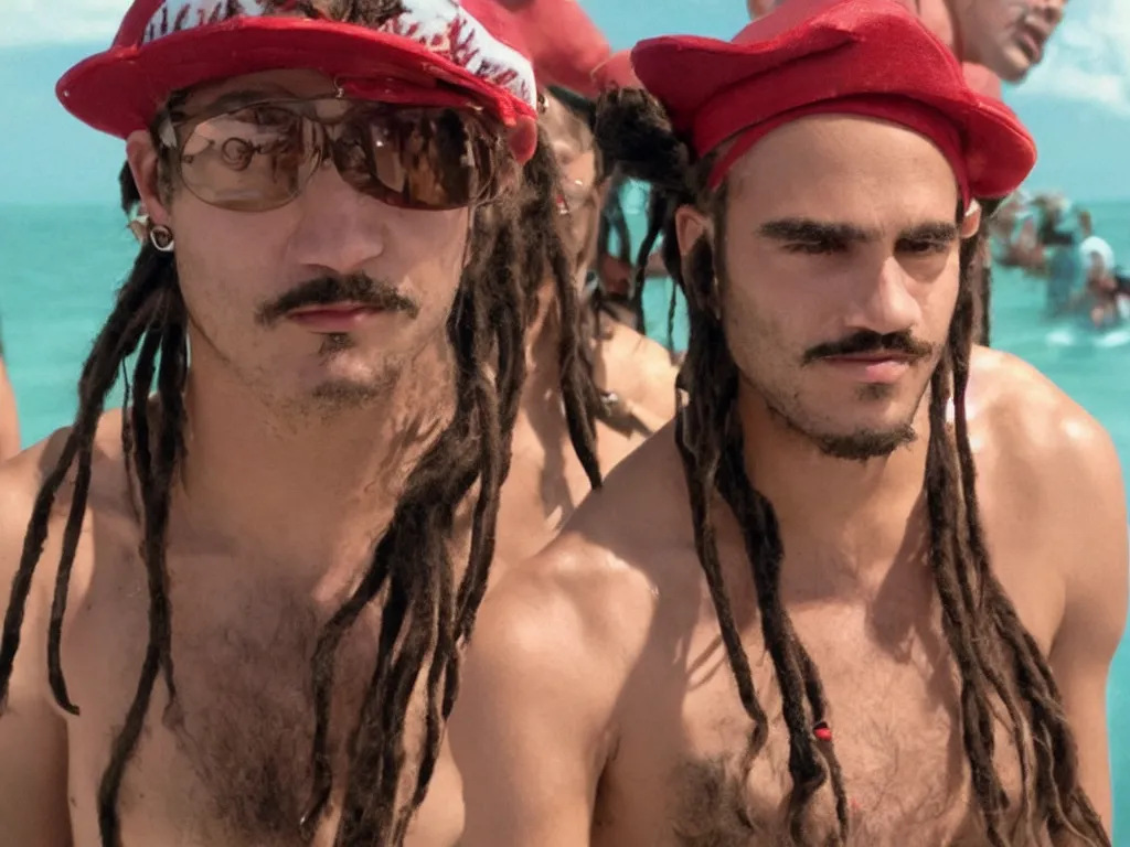 Prompt: Close up of Mario with dreads in a hat in Harmony Korine Spring Breakers film aesthetic!!! photorealistic