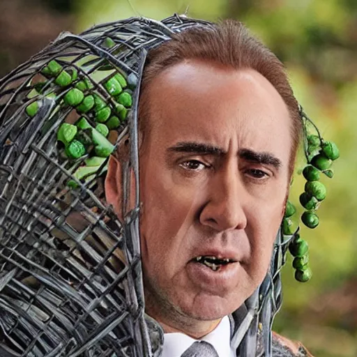 Image similar to nicolas cage trapped in a wicker cage with peas on his face, dying