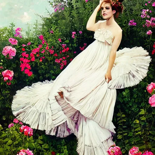 Image similar to full body fashion model emma watson by Winslow Homer smokey eyes makeup eye shadow fantasy, glow, shimmer as victorian woman in a long white frilly lace dress and a large white hat having tea in a sunroom filled with flowers, roses and lush fern flowers ,intricate, night, highly detailed, dramatic lighting , high quality