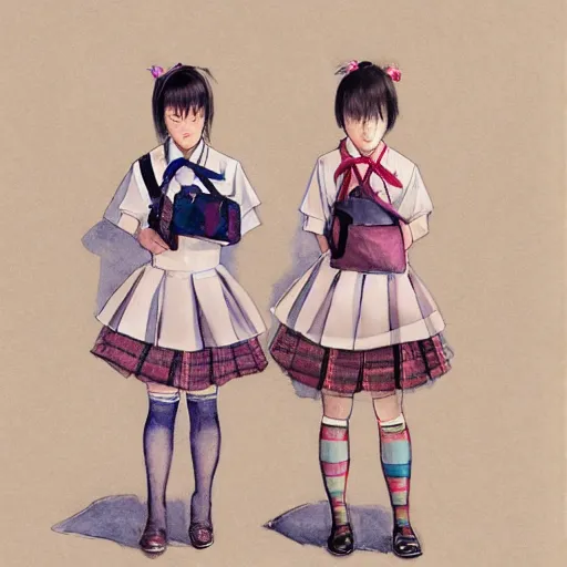 Prompt: a perfect, realistic professional digital sketch of two hyperrealistic Japanese schoolgirls posing, in style of Marvel, full length, by pen and watercolor, by a professional American senior artist on ArtStation, a high-quality hollywood-style sketch, on high-quality paper