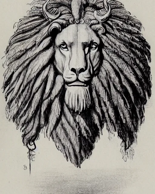 Image similar to human - eagle - lion - ox portrait. horns. beak. mane. drawn by da vinci