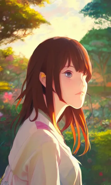 Prompt: a colorful scene of a girl with brown hair, anime, detailed background, female, portrait, tranquil, trending on artstation, by studio ghibli and rossdraws