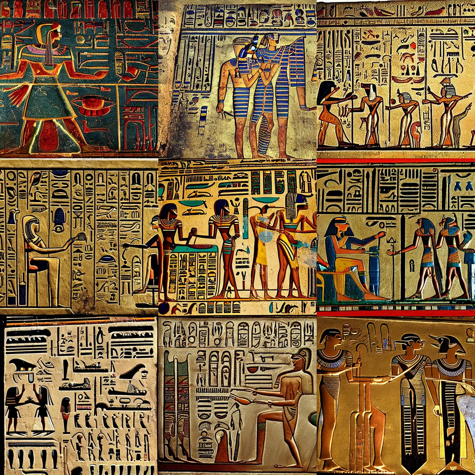 Prompt: egyptian hieroglyphics depicting an alien invasion