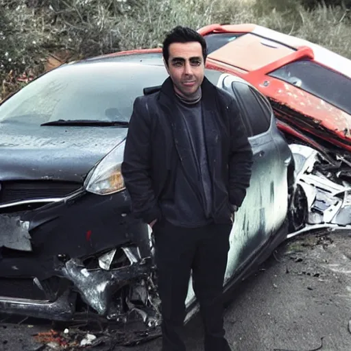 Image similar to xavi hernandez next to a crashed car