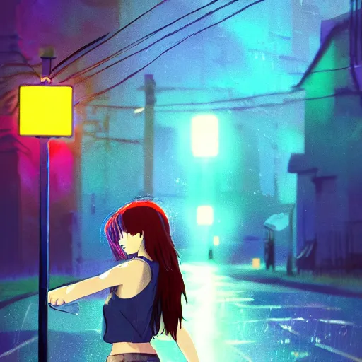 Image similar to listening to music at 2 am, night, pretty hispanic girl, pose, neon rain, lofi, lofi, peaceful, street light, anime key visual, poster, street wears, anime, by ghibli, ghibli studio high quality, 4 k, trending, trending on artstation