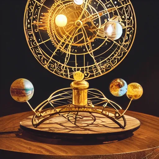 Prompt: a well - lit photo of an intricate steel filigree art nouveau orrery solar system model with visible gears on a wooden table, beautiful, detailed, flowing curves, with colored marble planets and a golden sun