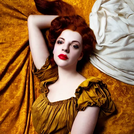 Image similar to preraphaelite photography reclining on bed, a hybrid of judy garland and lady gaga, aged 2 5, big brown fringe, yellow ochre ornate medieval dress, 4 k