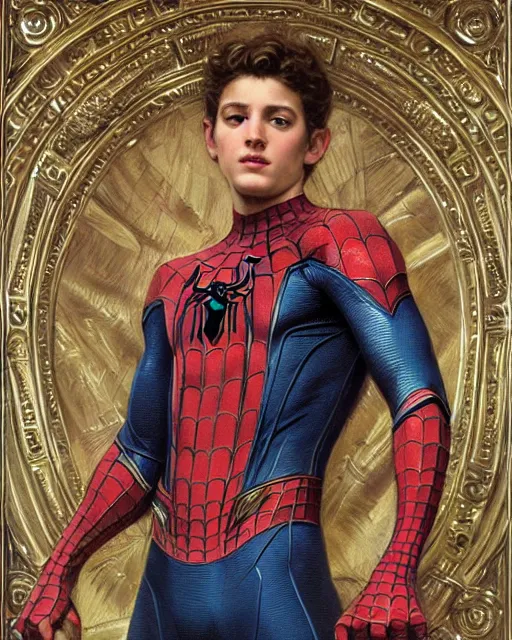 Prompt: Spider-man, dressed in ornate, detailed, intricate iridescent opal armor, detailed oil painting by William Adolphe Bouguereau and Donato Giancola