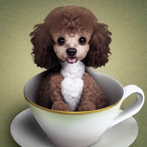 Image similar to very realistic cute poodle sitting inside a tea cup