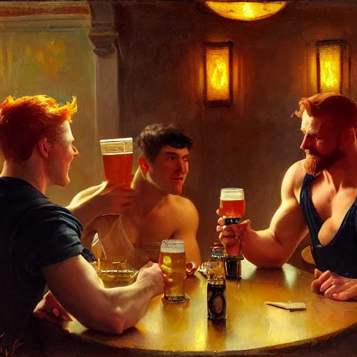 Prompt: handsome mike, wearing pants, with ginger hair with handsome tyler with black hair, drinking their hearts out, in a pub, no shirt. very defined and highly detailed painting by gaston bussiere, j. c. leyendecker, craig mullins 8 k