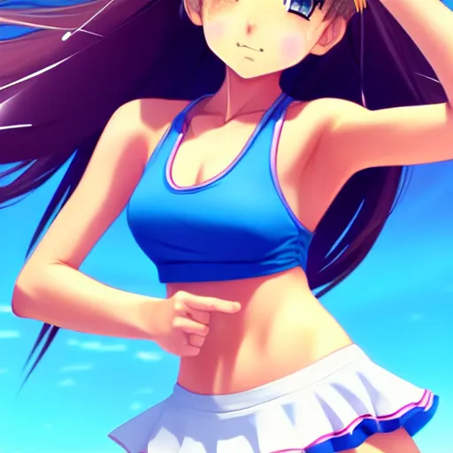 Image similar to a very beautiful young anime tennis girl, full body, head, long wavy blond hair, sky blue eyes, full round face, short smile, bikini, miniskirt, front view, full shot, highly detailed, cinematic wallpaper by stanley artgerm lau