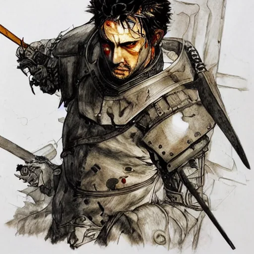 Image similar to self portrait, roman man with battle scar on his chest holding his sword on his shoulder by yoji shinkawa, pencil art, detailed, handsome, colored, bloody