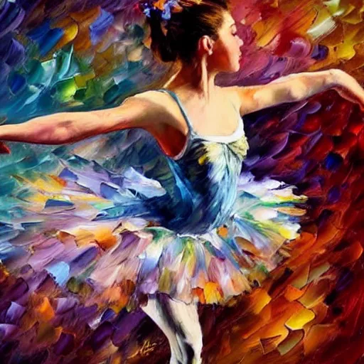 Image similar to palette knife oil painting of a leaping ballerina dancer, extreme detail, style by leonid afremov and degas, artstation, artgerm, deviant art, octane, substance, art history