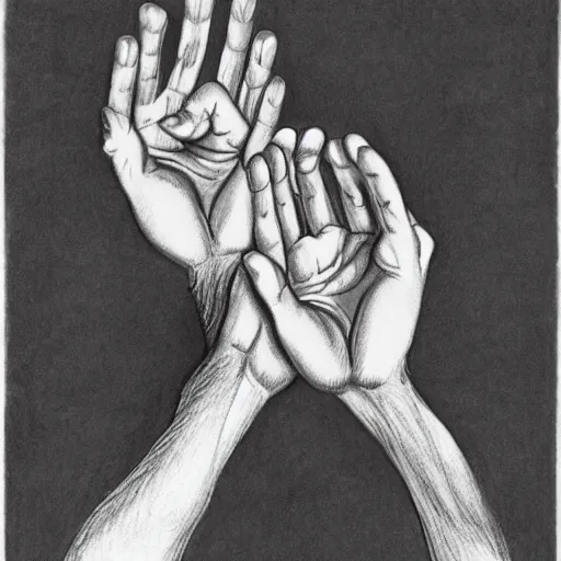 Image similar to M.C. Escher two hands drawing each other, black and white pencil sketch of real hands drawing themselves