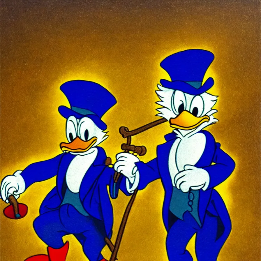 Image similar to Scrooge McDuck from the Duck Tales in blue costume standing on a mountain of golden gold and holding a cane, view from below, full body portrait including head, oil painting, highly detailed