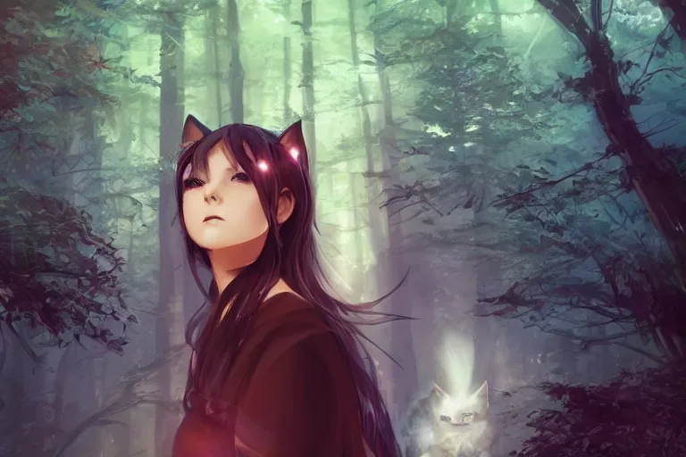 Image similar to female mage with cat ears in a forest, detailed attractive face, fantasy art, anime style, by charlie bowater, by makoto shinkai, by studio ghibli, atmospheric, vector art, 4 k film still, close up portrait