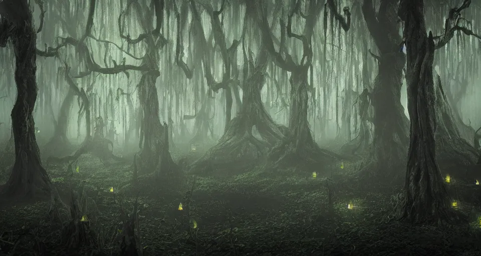 Image similar to A dense and dark enchanted forest with a swamp, by Jesper Esjing