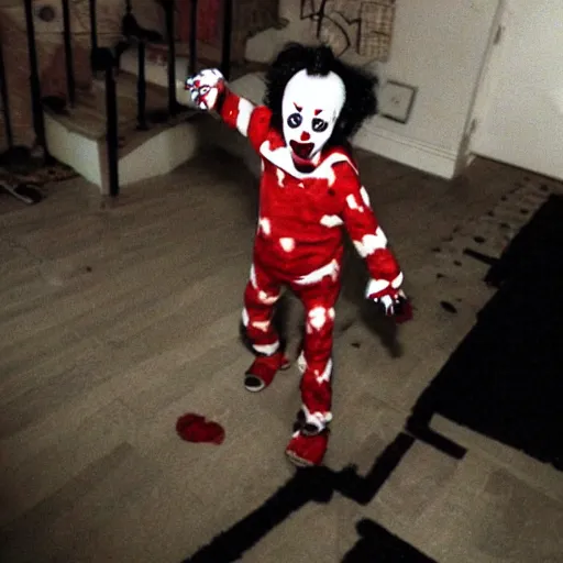 Prompt: creepy clown chasing you through your house at night