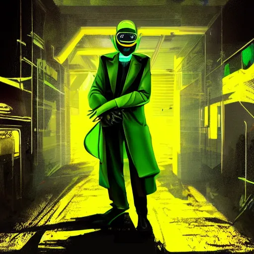 Image similar to noxious green and sulphur yellow color scheme, sickening glow, acid green undertones, cyberpunk plague doctor aesthetic