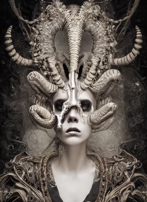 Image similar to a portrait of female by stefan geselle and nekro borja, photorealistic, intricate details, hyper realistic, fantasy, elegant, baroque, horn, ram skull headpiece, photorealistic, photography, symmetrical features, symmetrical pose, wide angle shot, feet on the ground, wearable art, unreal engine, cinematic lighting