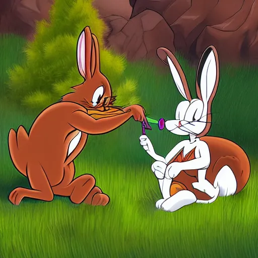 Image similar to bugs bunny being stalked and eaten by a mountain lion, digital art, 4k