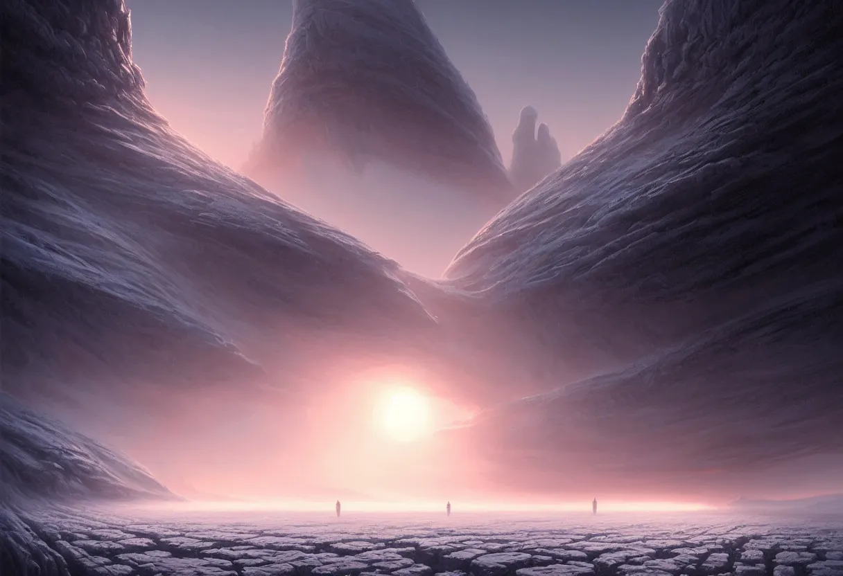 Image similar to ground level view of the surface of frozen winter alien planet at sunset, ultra high definition, ultra detailed, symmetry, fog, matte painting, by greg rutkowski and ross tran and wlop