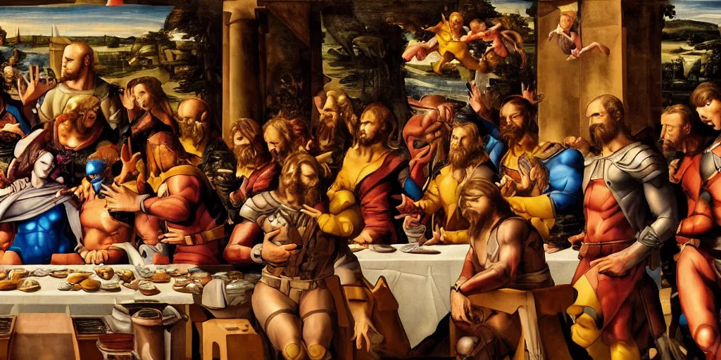 Image similar to the last supper of the x-men, renaissance painting, detailed, wallpaper