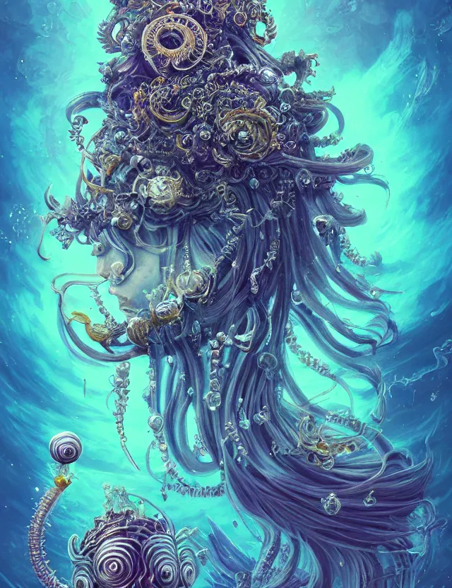 Image similar to goddess macro shouler portrait from bottom to top in crown made of ram skull. betta fish, jellyfish phoenix, bioluminiscent, plasma, ice, water, wind, creature, super intricate ornaments artwork by tooth wu and wlop and anato finnstark and greg rutkowski