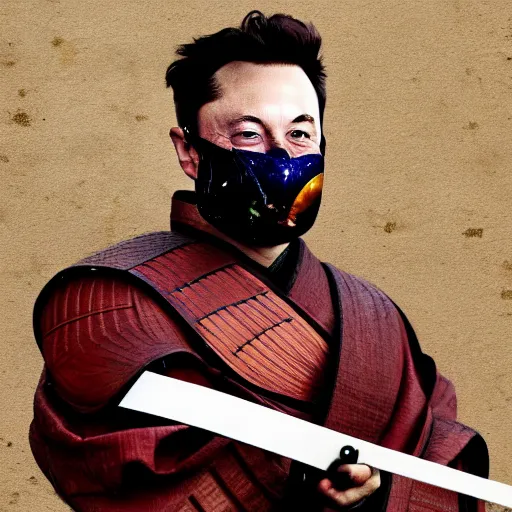 Image similar to a painting of elon musk in samurai armor and holding a katana in his hands, 4 k, hyper realistic, dslr, high resolution, landscape, beautiful