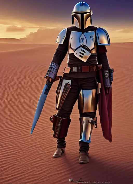 Image similar to Mandalorian as a medieval knight in intricate armor, ornate filigree armor, desert dunes, sunset clouds, sun glowing behind head, hypermaximalist, fantasy character concept, dynamic lighting, blurry, hyperrealism 8k