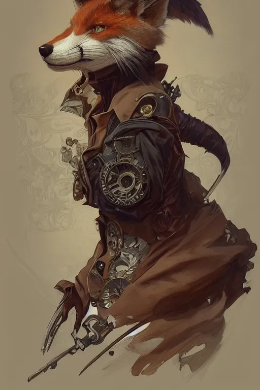 Prompt: heroic character design of anthropomorphic whimsical fox, portrait, western, steampunk, clint eastwood face, duster, fantasy, intricate, elegant, highly detailed, digital painting, artstation, concept art, sharp focus, illustration, art by artgerm and greg rutkowski and alphonse mucha