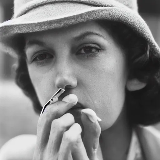 Prompt: Close-up portrait photo of woman smoking a cigarette, retro, kodak film photo
