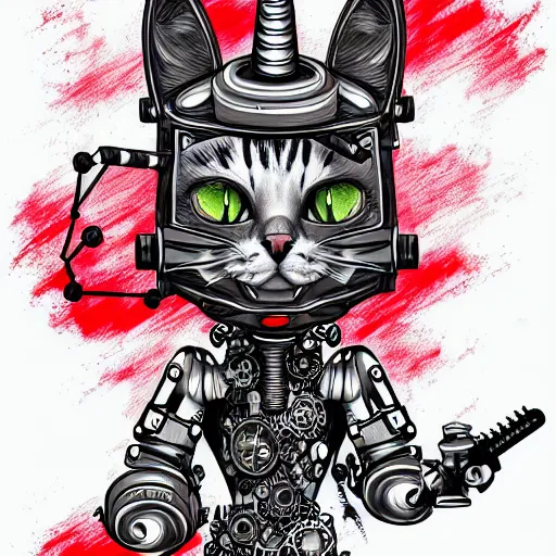 Image similar to trash polka tattoo sketch 2 d cartoon cybernetic kitten and evil unicorn robot, pencil drawing, clear lines, fractals, hard style, elaborate details, black and red, steampunk, background white paper, 4 k, ultra detailed