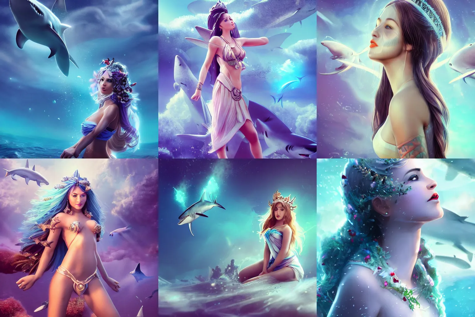 Prompt: a beautiful female goddess of the sharks character, character is in all its glory, character is in her natural relaxed pose, rim lights, particles and dust in the air, fancy clouds, highly detailed professional photo, dynamic lights, particles are flying, depth of field, trending on artstation, professional illustration, hyper realistic, vray caustics, super detailed, colorful accents, cinematic shot
